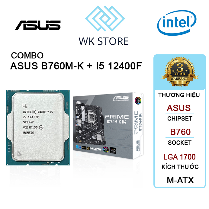 Combo Bo mạch chủ Mainboard ASUS PRIME B760M-K D4 + CPU I5 12400F